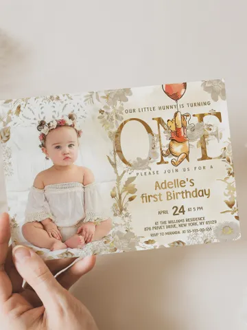 Winnie the Pooh Inspired First Birthday; Classic Winnie Pooh Invitations; Neutral Winnie Pooh Turning One; Winnie Pooh Birthday Party poom88 $12.78