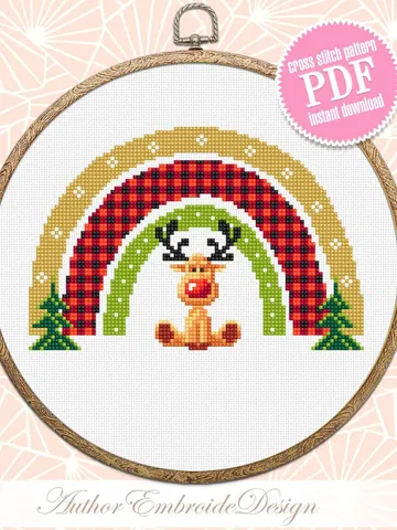 Christmas rainbow reindeer cross stitch pattern PDF download, Buffalo plaid rainbow cross stitch chart, Christmas pattern digital PDF #N135 $4.40