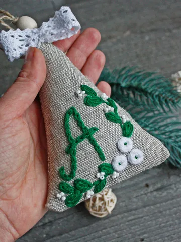 Personalized tеxtile Christmas tree ornament monogram Initial embroidery sachet with lavender Linen door knob hanging Hygge scandy decor