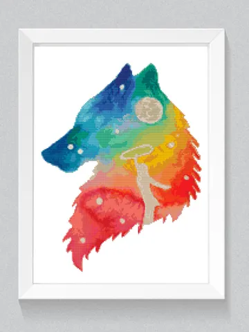 Wolf silhouette cross stitch pattern Modern watercolor cross stitch Animal nursery Xstitch Rainbow universe chart counted PDF abstract