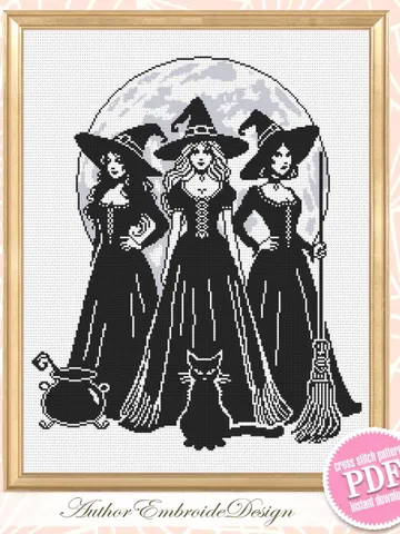 Halloween witches cross stitch pattern PDF download Witchy cross stitch chart, Witch pattern digital PDF, Full moon, Witch embroidery #H84 $4.90