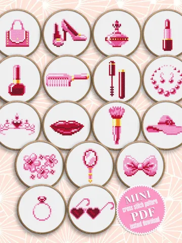 Set of 17 women accessories cross stitch pattern PDF download Mini female cross stitch chart Small fashion pattern digital PDF for girl #O23 $10.50