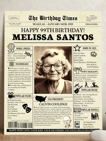 99th birthday gift for her, 99th birthday newspaper poster, 1925 birthday poster, grandma birthday gift, birthday gift for grandma $15.99
