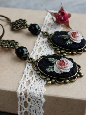 Blush floral earrings Victorian cameo earrings Pink rose earrings dangle long rose cameo earrings Black agate jewelry for women $45.00