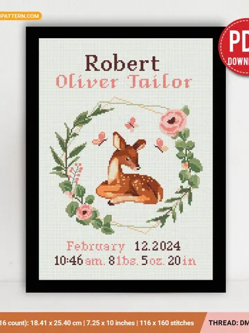 Deer Birth announcement cross stitch pattern, baby, personalized, boy girl nursery decor, counted, chart, gift DIY, embroidery, instant PDF $6.80
