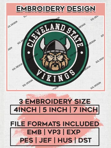 NCAA Cleveland State Vikings Round Logo Embroidery, NCAA Cleveland State Vikings Embroidery Design files, NCAA Teams, NCAA Machine embroidery designs, Digital Download