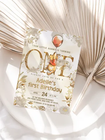 Winnie the Pooh Inspired First Birthday; Classic Winnie Pooh Invitations; Neutral Winnie Pooh Turning One; Winnie Pooh Birthday Party poom88 $12.78