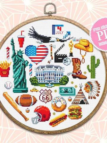 USA cross stitch pattern download PDF United States of America pattern round sampler Independence day Modern beginner stitch Home decor #E11 $6.20