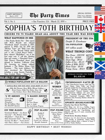 70th Birthday newspaper poster, Printable 70th birthday party decor, Birthday poster with fact, news & highlights from 1955 in USA $15.99