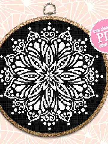 Monochrome mandala cross stitch pattern download PDF Flower mandala digital Modern beginner stitch Floral ornament cross stitch chart #M173 $4.60