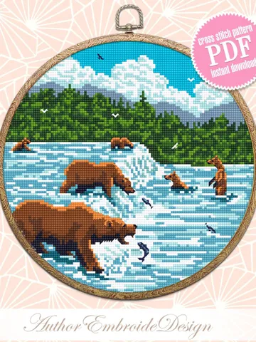 Katmai national park cross stitch pattern PDF download Bears catch fish, Nature cross stitch chart, Brooks falls in Alaska Bear fishing #L70 $4.60