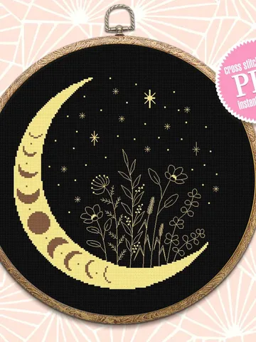 Mystical floral moon cross stitch pattern download PDF Moon phase cross stitch chart, Wildflowers blackwork pattern, Magic starry sky #L60 $4.20