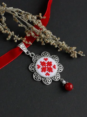 Red coral Ukrainian velvet ribbon necklace for vyshyvanka Thin red white choker with bead charm Ukraine folk jewelry souvenir namysto $32.00
