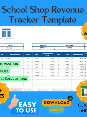 School Shop Revenue Tracker Template, Sales Monitoring Tool, School Store Profit & Expense Management Spreadsheet $9.66