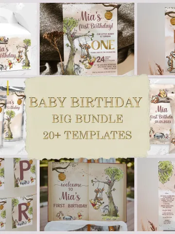 DIY Winnie Pooh Birthday Bundle; Editable 1st Birthday Party Template; Winnie the Pooh Birthday Party; Hundred Acre Wood Birthday Party; wp6 $46.00