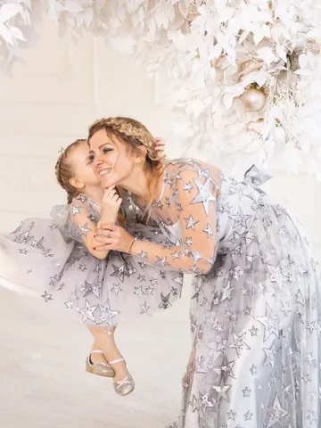 New Years Eve Dress, Silver Mother And Daughter Maxi Dress, Tulle Mommy And Me Party Dresses, Celestial Wedding Dress, Holiday Photo Prop $380.00