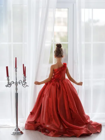 Red Ball Gown Toddler, Christmas Gown Girl, Holiday Photoshoot, One Shoulder Gown, Girl Ball Gown, Princess Dress, Xmas Photography Dress $421.00