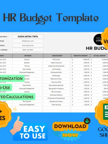 HR Budget Template, Editable Google Sheets, Easy-to-Use, Digital Download for HR Managers, Small Businesses, and Startups $5.90