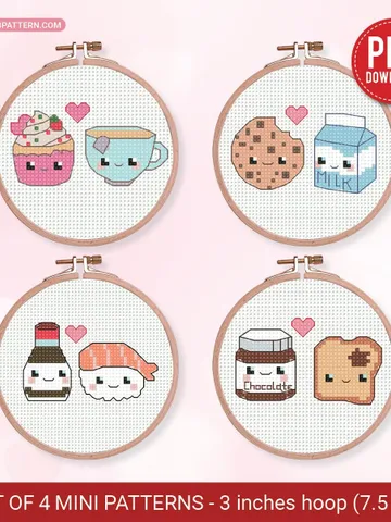 Bundle 4 Mini Couples Love Cross stitch patterns, Valentine's Day, beginner, Cupcake, Cookie, Sushi, Chocolate, DIY, embroidery, instant PDF $7.11