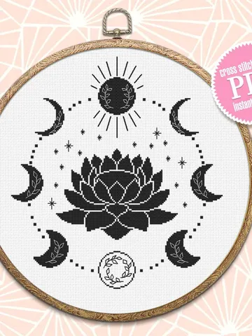 Mystical moon phase cross stitch pattern download PDF Lotus flower cross stitch chart, Floral moon cross stitch, Moon phase decor #L56 $4.20