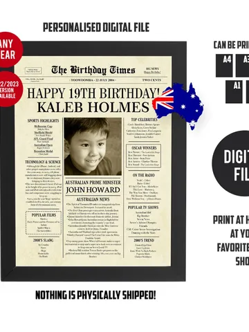 19th Birthday Newspaper Poster Sign with Aussie facts and news PRINTABLE, 19 Years Ago Back in 2004, 19th Birthday Gift for boys and girls $14.00