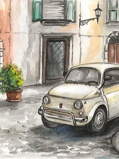 Watercolor painting Car painting Landscape Italy Cityscape