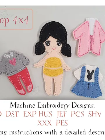 Felt Dress Up Doll ITH Embroidery Design Set, Quiet Book Doll with Clothes Pattern, Paper Doll Style Toy 4x4 Hoop Download $7.00