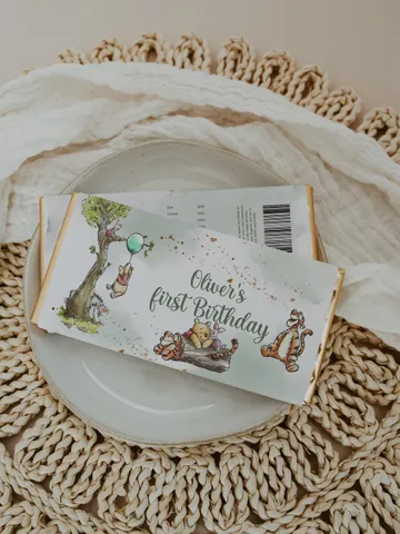 Editable Chocolate Wrapper Hundred Acre Wood First Birthday party chocolate wrap; Winnie the Pooh Party; Classic Pooh Birthday ; wp2 $10.45
