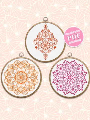 Mandala set cross stitch pattern download PDF, Monochrome mandala embroidery, Floral ornament cross stitch chart, Mandala digital PDF #S28 $12.00