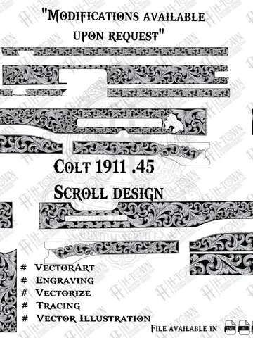 Colt 1911 Government model .45 Scroll Engraving | Full Slide Vector Design | Laser Ready Svg PNG EPS AI | Custom Pistol Art