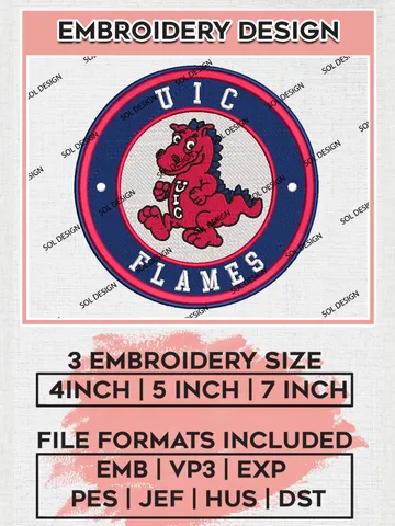 NCAA UIC Flames Round Logo Embroidery, NCAA UIC Flames Logo Embroidery files, NCAA Teams, Machine embroidery designs, Digital Download $6.99