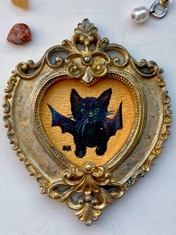 Bat Painting Small Framed Art Goth Painting Bat Gifts, Mini Gold Framed Decor, Cat Bat, Black Cat Art, Tiny Art Whimsigoth Decor $76.00