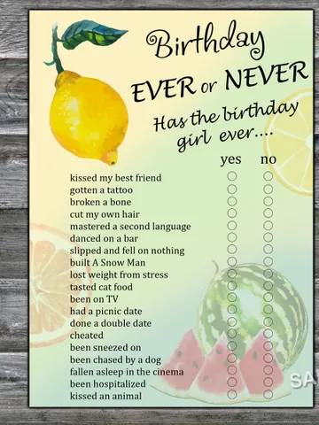 Lemon Birthday ever or never game,Adult Birthday party game-fun games for her-Instant download