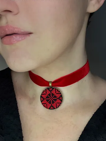 Black red Ukrainian choker necklace for namysto and ethnic vyshyvanka Wide handmade velvet choker Large dukach pendant Ukraine folk jewelry $59.05