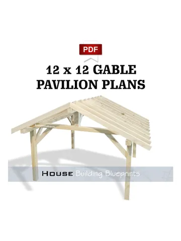 Covered 12' x 12' gable pavilion plans for DIY. Outdoor carport plans. Diy backyard wooden gazebo plans for patio in pdf $15.99