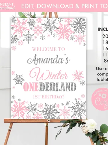 Winter Onederland Welcome Sign Pink Silver Winter Onederland 1st Birthday Girl Decorations, Snowflake Birthday Sign, Editable Template $9.00