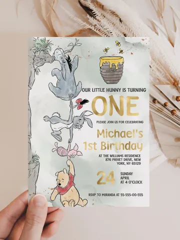 Winnie the Pooh Inspired First Birthday; Classic Winnie Pooh Invitations; Neutral Winnie Pooh Turning One; Winnie Pooh Birthday Party WPg15 $12.78
