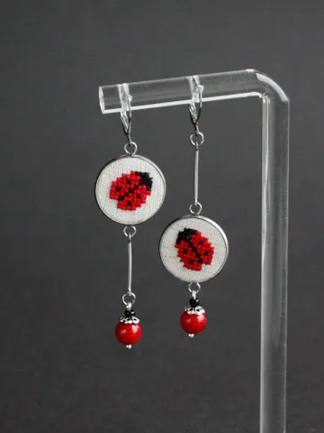Handmade mismatched funky stick earrings with red coral beads Red black ladybug earrigns for luck Aesthetic insect jewelry