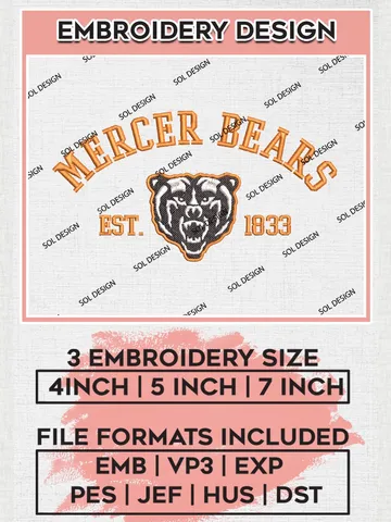 Mercer Bears Est 1833 Embroidery Designs, NCAA Mercer Bears Team Embroidery, NCAA Team Logo, 3 sizes, Machine embroidery Files, Digital Download $6.99