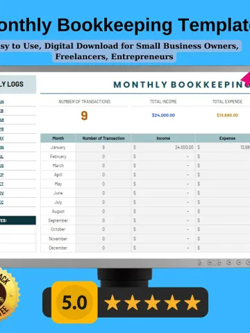 Monthly Bookkeeping Template, Editable Google Sheets, Easy to Use, Digital Download for Small Business Owners, Freelancers, Entrepreneurs $5.46