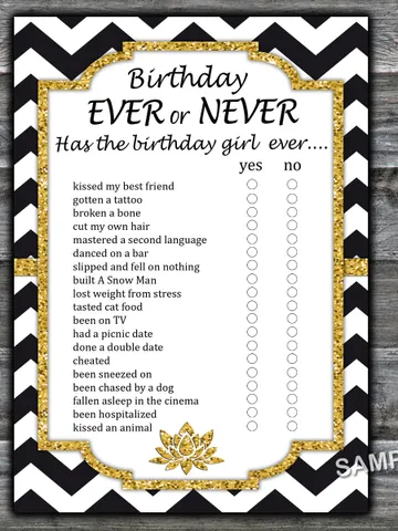 Black White Chevron Birthday ever or never game,Adult Birthday party game-fun games for her-Instant download $1.75
