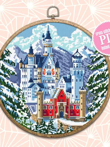 Winter landscape cross stitch pattern download PDF Neuschwanstein castle cross stitch chart, Nature embroidery digital, Snowy mountains #C3 $4.60