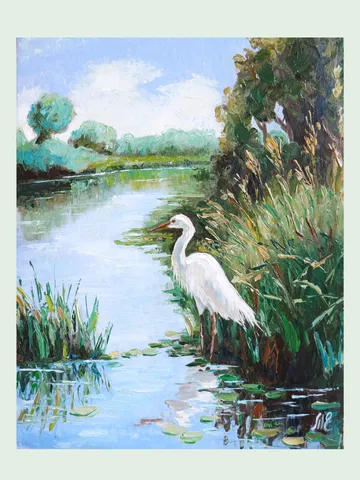 Heron on a Tranquil Riverbank - Impressionist Palette Knife Oil Painting Bird Standing by the Water in Lush Greenery Original Artwork $50.00