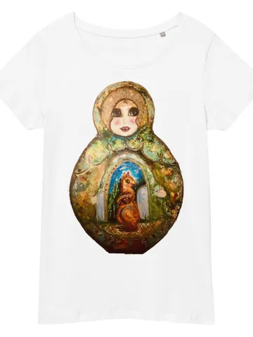 Russian doll Women’s basic organic t-shirt,unique design made from my original mix media painting ,matryoshka gifts. $36.00