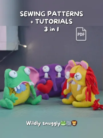 Plush Toy PDF Patterns – Fleece Softies Set: Lion, Frog & Elephant $26.00