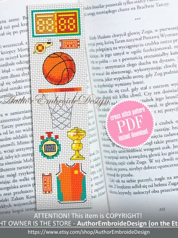 Basketball bookmark cross stitch pattern PDF download Sport cross stitch chart, Modern bookmark pattern digital PDF, Bookmark for men #B310 $4.40