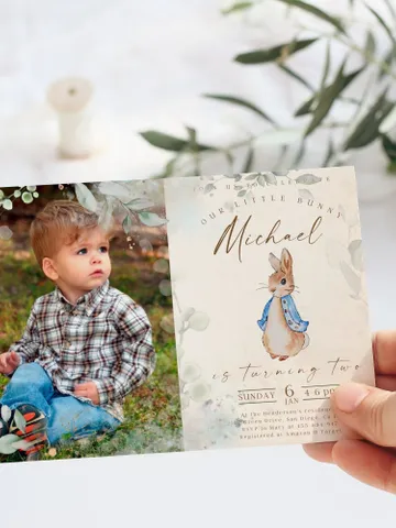Add Photo First Birthday Invite; Bunny Baby Birthday Invitation template; Our little bunny turning one; Peter Rabbit birthday invitation $12.78