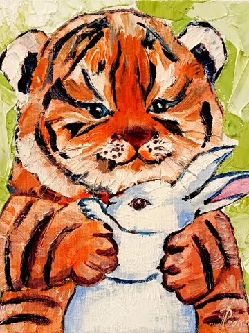 Tiger cub Painting Rabbit Original Art Christmas Gifts Impasto Oil Painting Tiger Painting Tiger Art Rabbit Art by ArtProkopaloSv $84.00