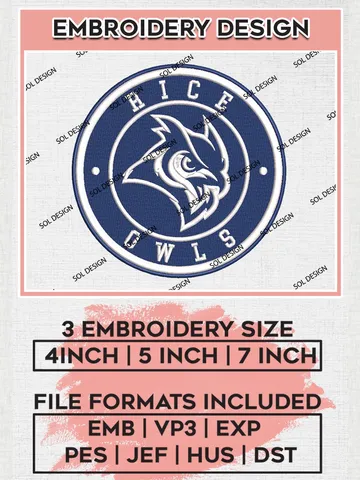 NCAA Rice Owls Round Logo Embroidery, NCAA Rice Owls Logo Embroidery files, NCAA Teams, Machine embroidery designs, Digital Download $6.99