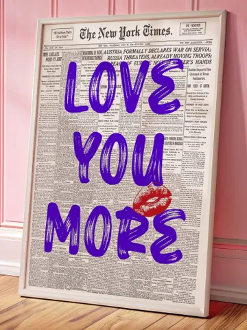 Love You More Newspaper Print, Trendy Wall Art, Retro Bedroom Poster, Chic Apartment Aesthetic, Printable Wall Art, Digital Prints Purple